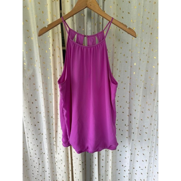 Express Chiffon High Neck Triple Open Back Keyhole Open Elastic Bottom Blouse M - Picture 2 of 8